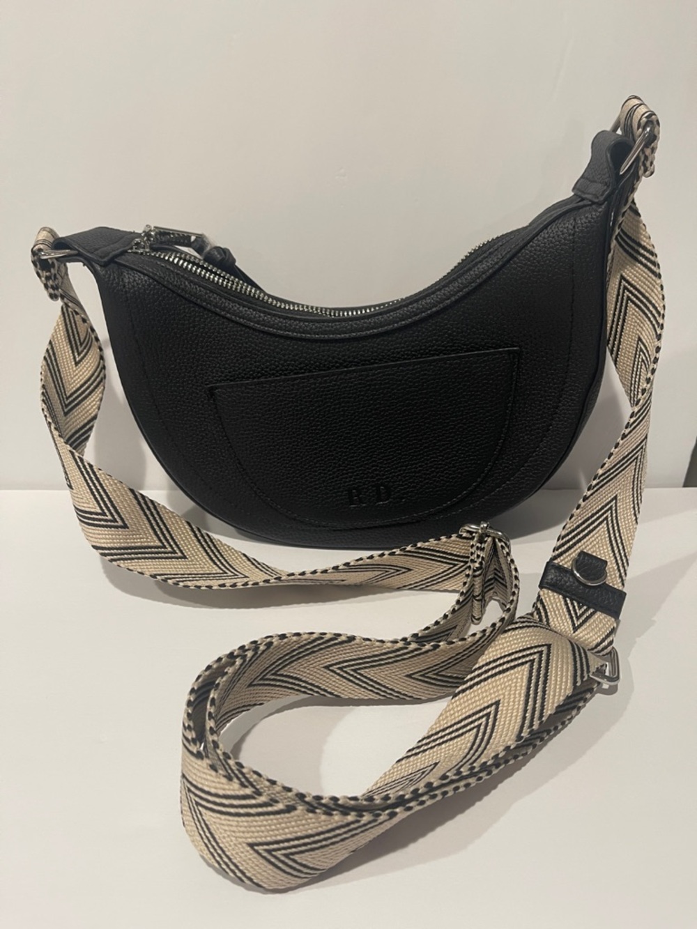 Rae Dunn Black Crescent Crossbody Bag Patterned Strap